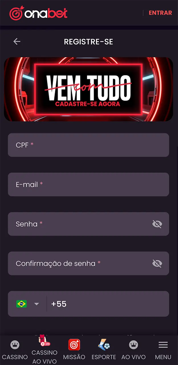 Crie uma nova conta e comece a jogar no aplicativo Onabet.