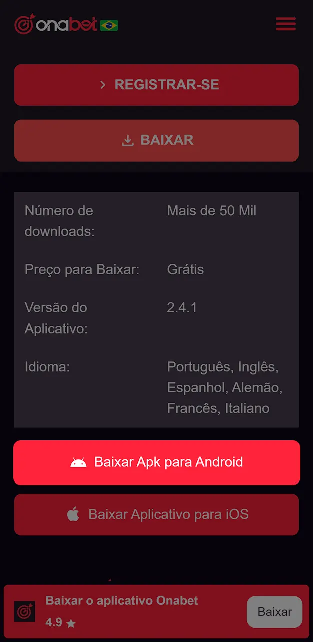 Inicie o download do instalador seguro diretamente do site oficial da Onabet.