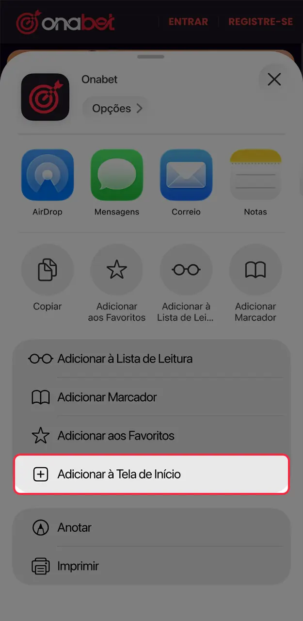 Crie um ícone de acesso direto em seu menu principal para abrir a Onabet.