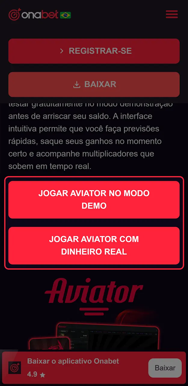 Cadastre-se e comece a jogar Aviator na Onabet.