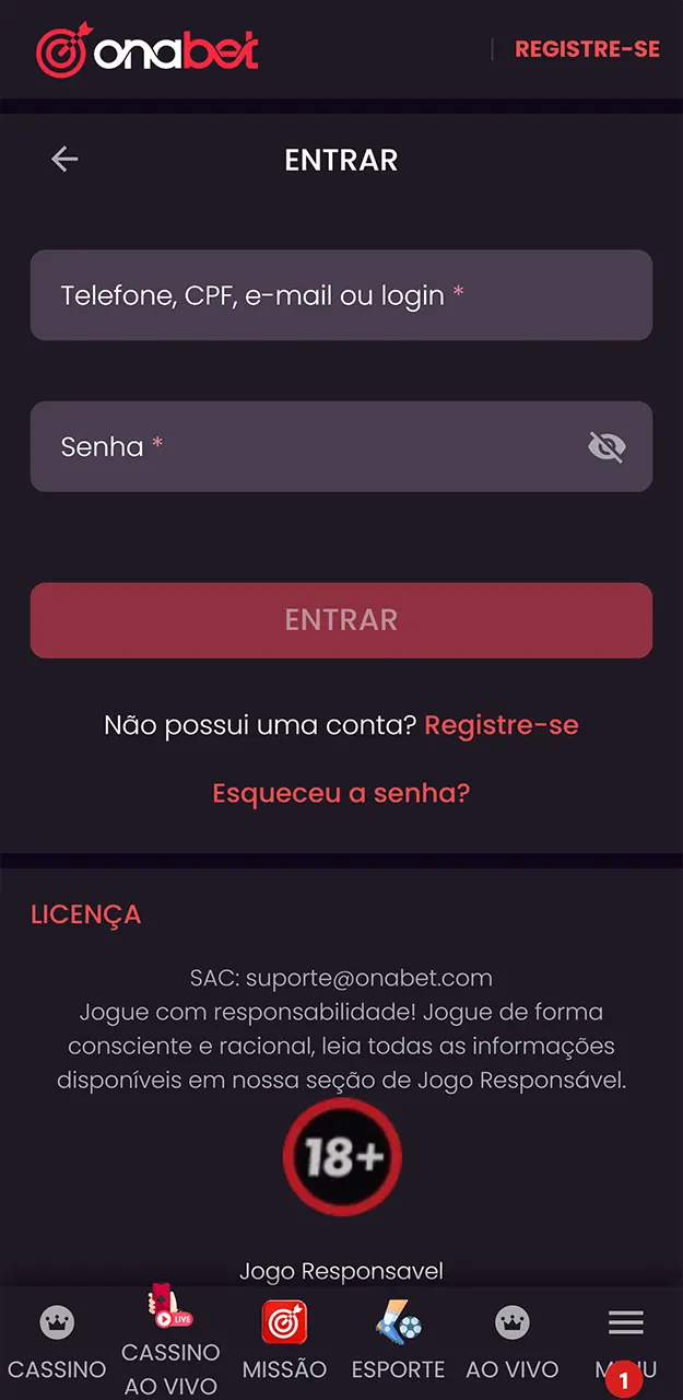 Faça login na sua conta para acessar o jogo Aviator na Onabet.