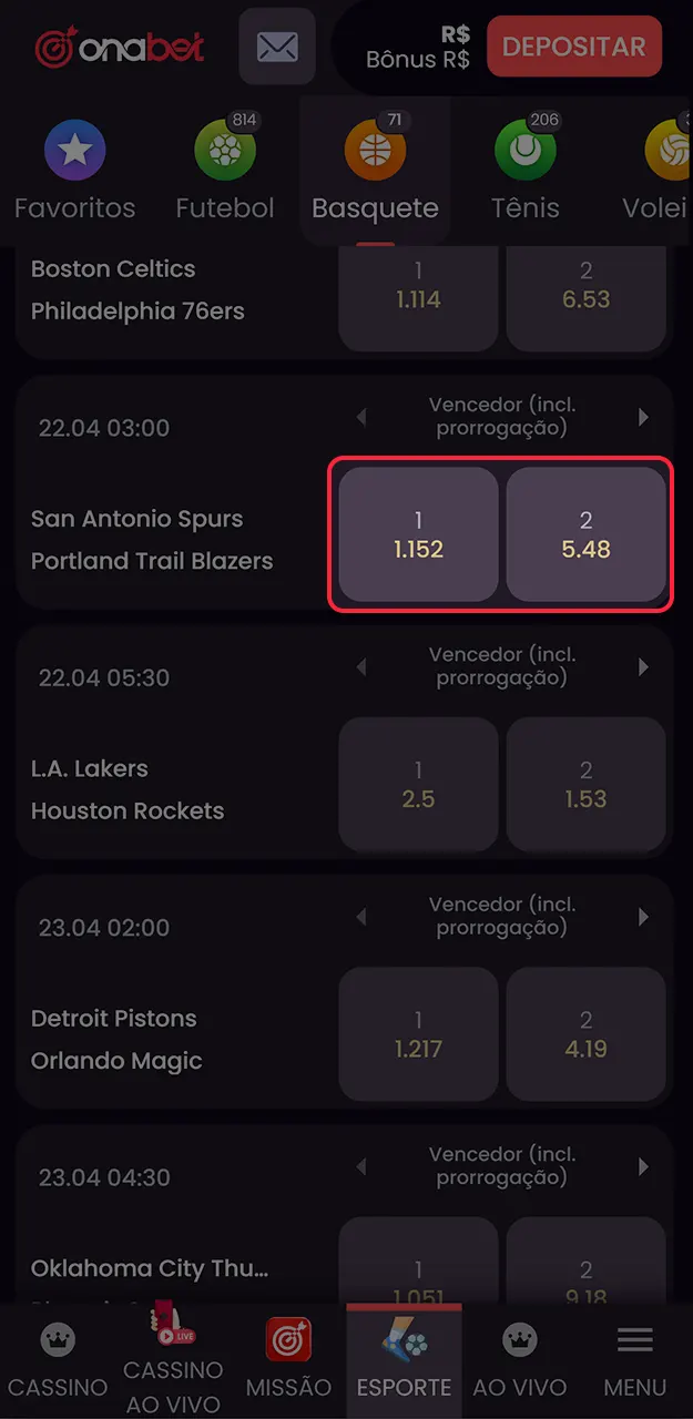 Selecione as melhores cotações de basquete e prepare seu bilhete de apostas na Onabet.