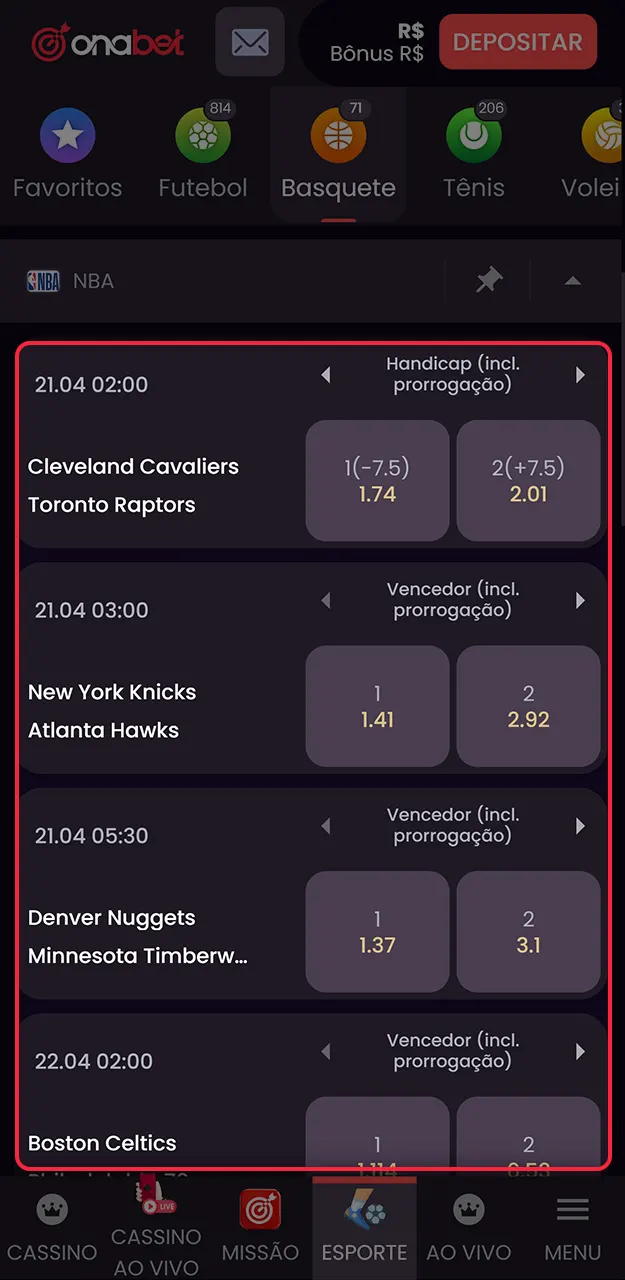 Escolha um campeonato de basquete para fazer uma aposta na Onabet.