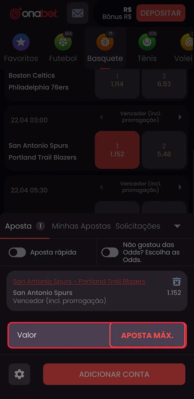 Defina quanto quer investir no jogo de basquete e finalize sua operação na Onabet.
