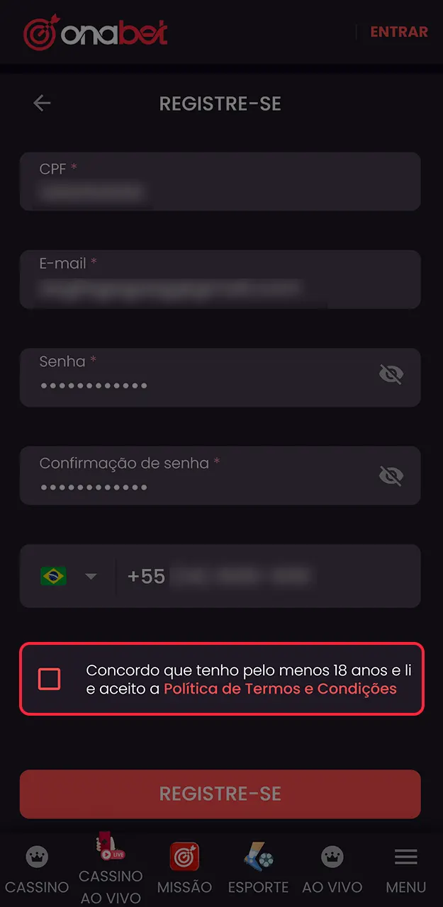 Conclua a criação de uma nova conta no Onabet.