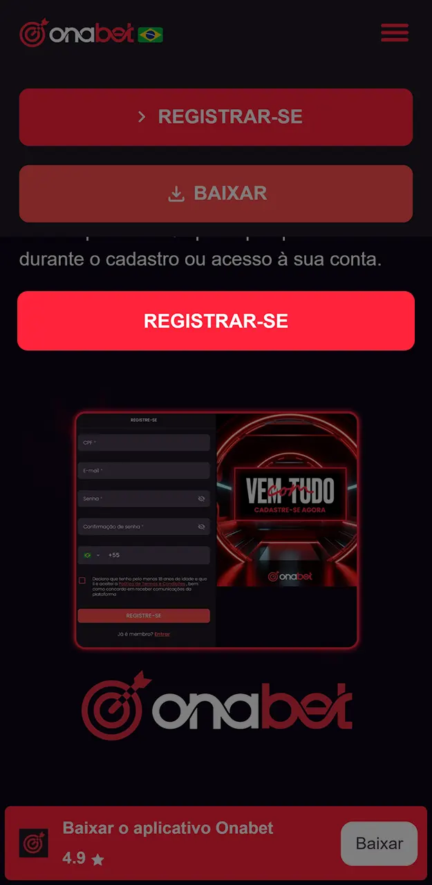 Comece o cadastro rápido na Onabet.