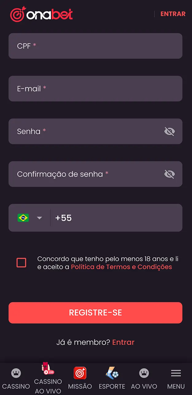 Selecione a forma de inscrição de sua preferência para ingressar na Onabet.