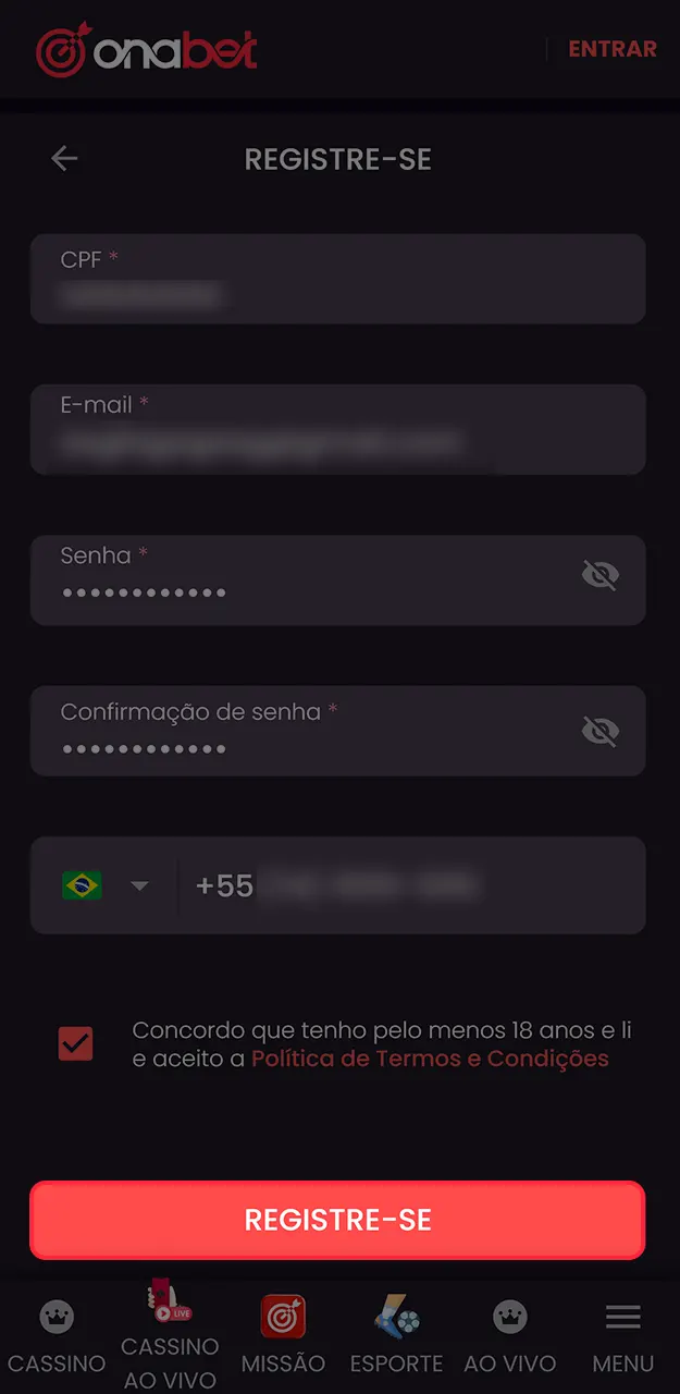 Conclua a criação do seu perfil para liberar o acesso à Onabet.