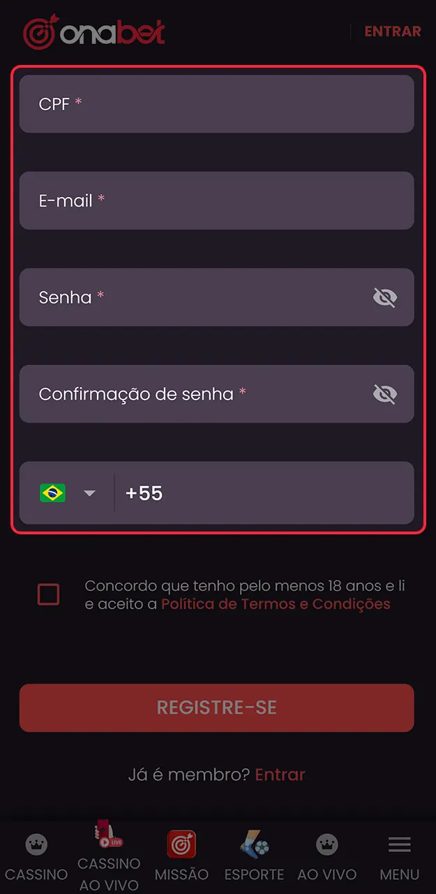 Insira suas informações pessoais e de contato no formulário da Onabet.