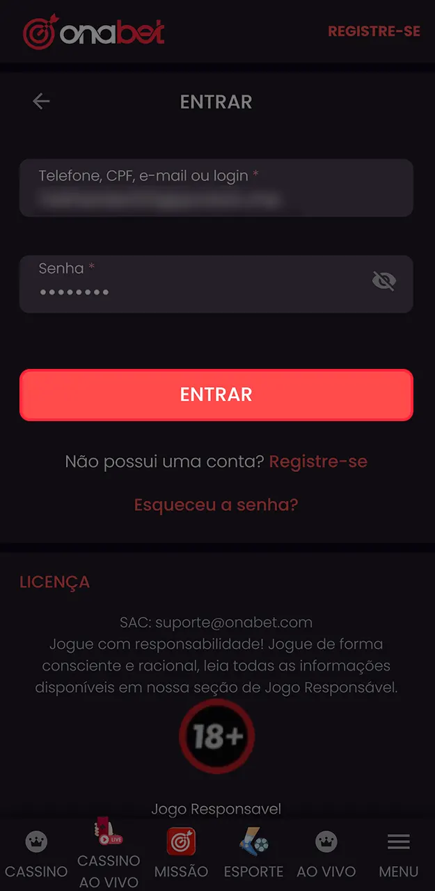 Confirme seus dados para entrar na sua conta individual da Onabet.