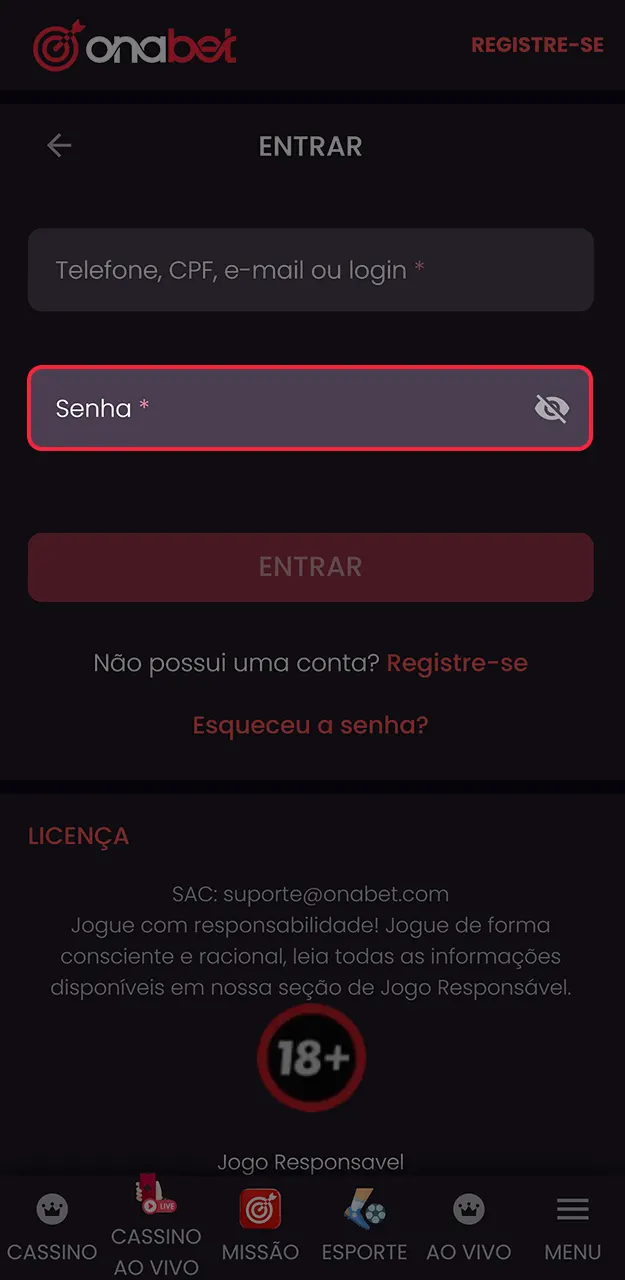 Siga o passo a passo para acessar seu painel de apostas na Onabet.