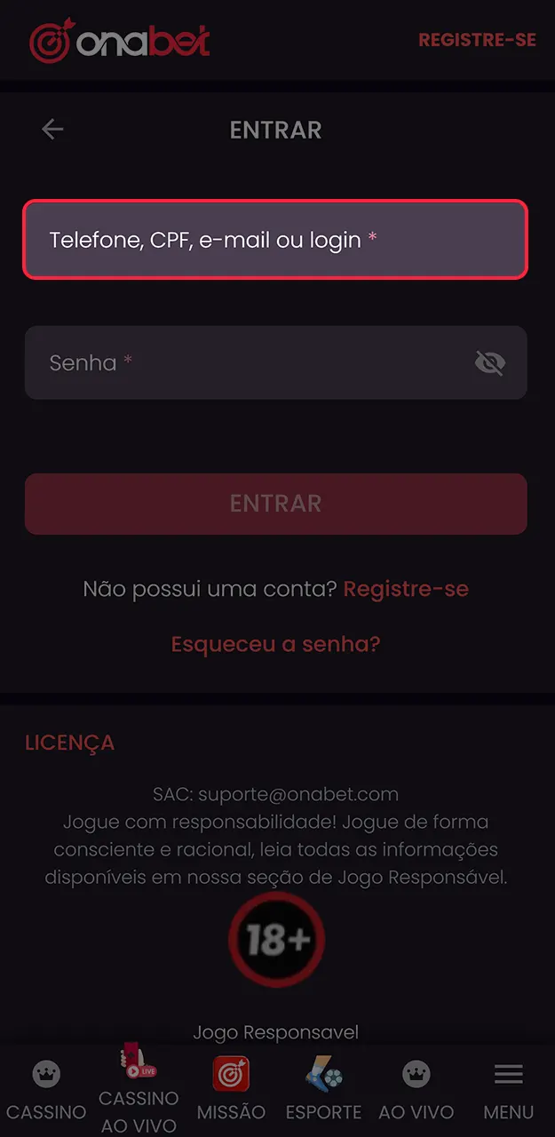 Identifique-se fornecendo suas credenciais de usuário cadastradas na Onabet.