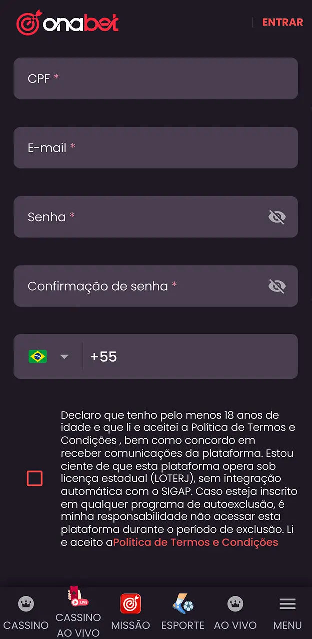 Conclua o cadastro rápido para ter acesso aos jogos ao vivo da Onabet.