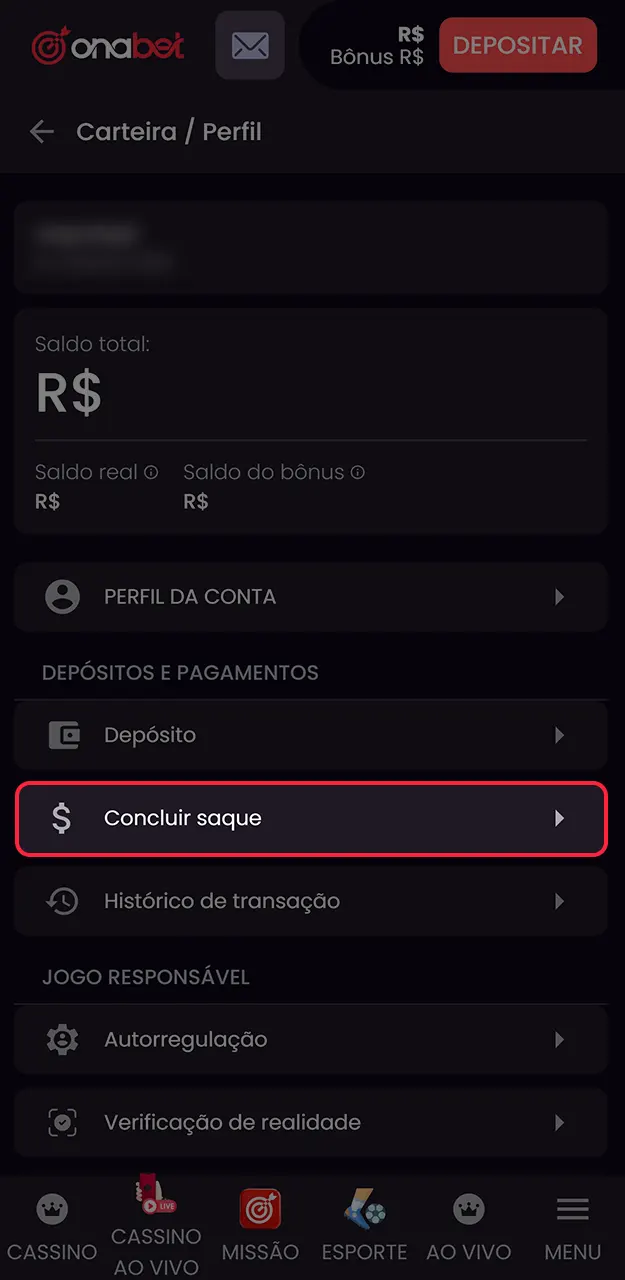 Acesse o painel de retiradas para solicitar o seu dinheiro na Onabet.