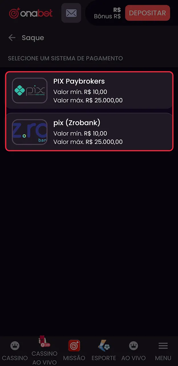 Defina o canal de recebimento para as suas premiações na Onabet.