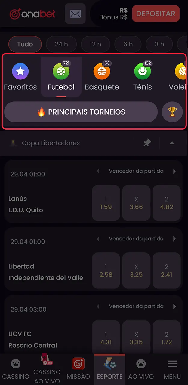 Navegue pelo menu e selecione a partida em que deseja palpitar na Onabet.