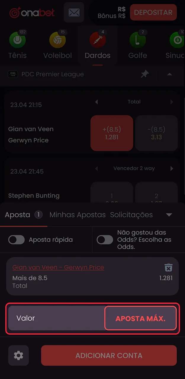 Defina seu tipo de aposta e a quantia que pretende investir na Onabet.