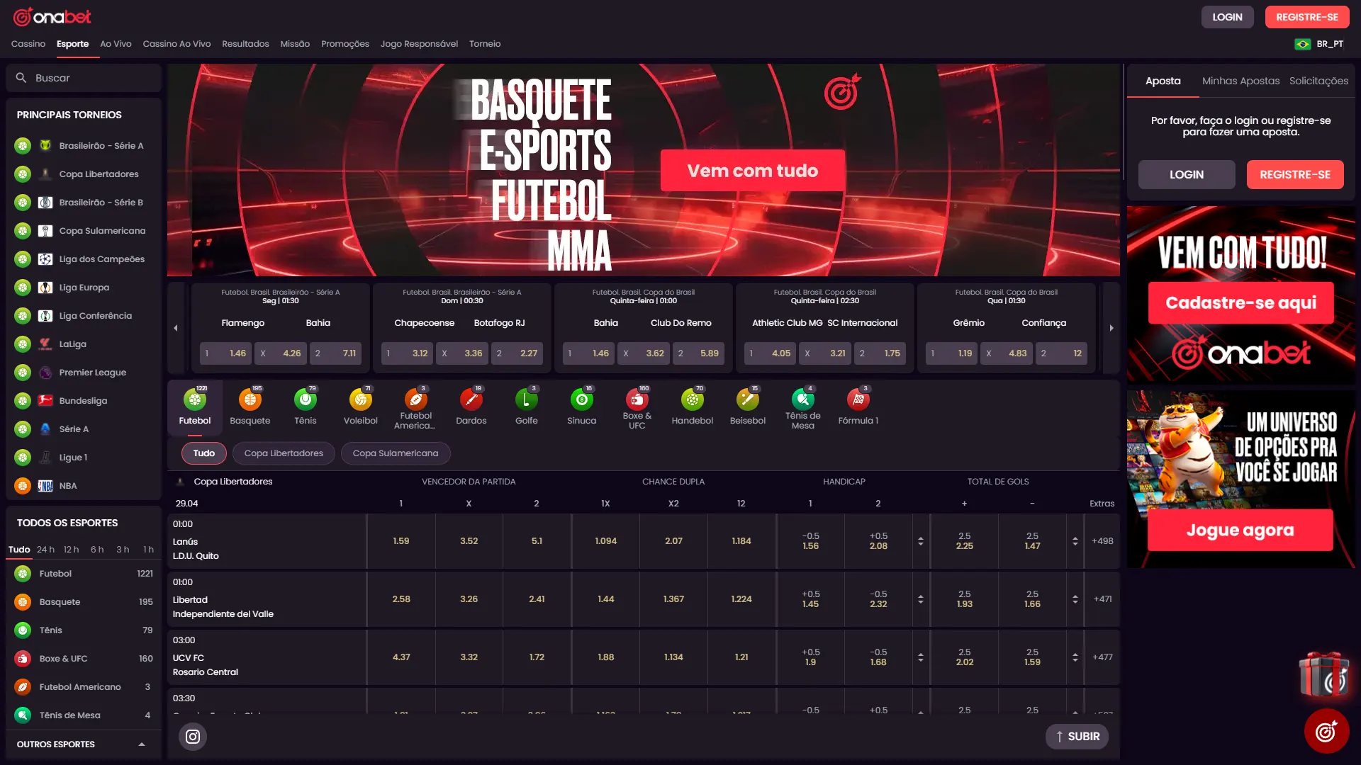No Onabet, estão disponíveis esportes e torneios populares.