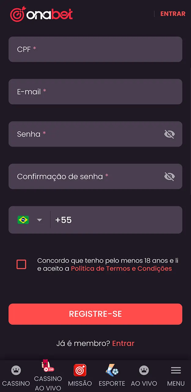 Preencha o formulário de cadastro para jogar seus jogos favoritos no Onabet.