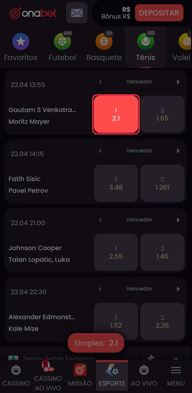 Selecione as cotações de tênis desejadas para montar seu bilhete de apostas na Onabet.