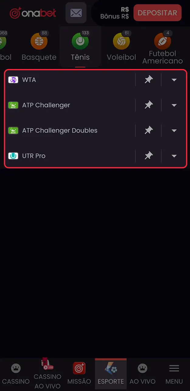 Filtre os eventos de tênis por competição na Onabet.