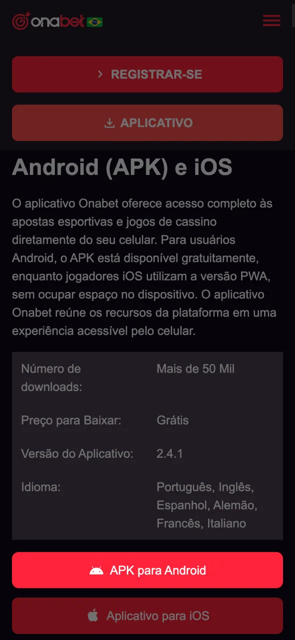 Inicie o download do instalador seguro diretamente do site oficial da Onabet.