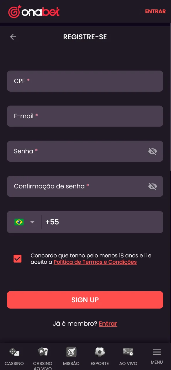 Crie uma nova conta e comece a jogar no aplicativo Onabet.