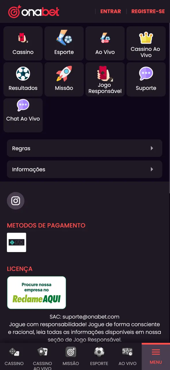 Imagem da tela do menu no app Onabet, apresentando botões de acesso rápido e design intuitivo.