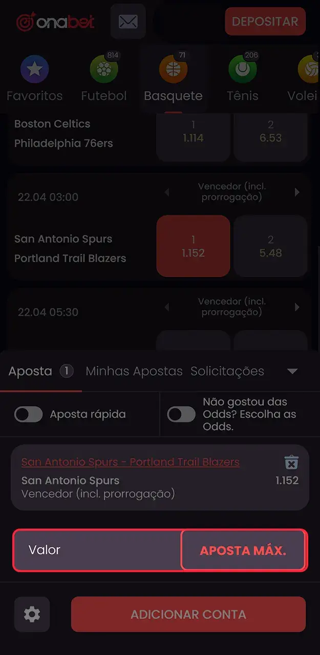 Defina quanto quer investir no jogo de basquete e finalize sua operação na Onabet.
