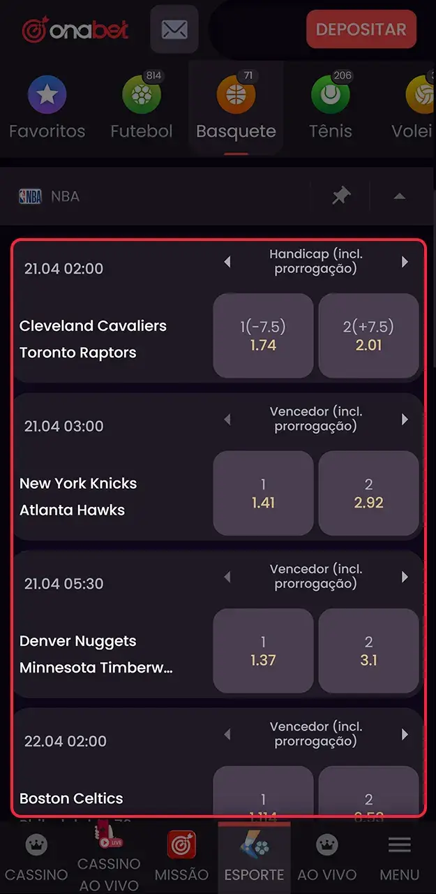 Escolha um campeonato de basquete para fazer uma aposta na Onabet.