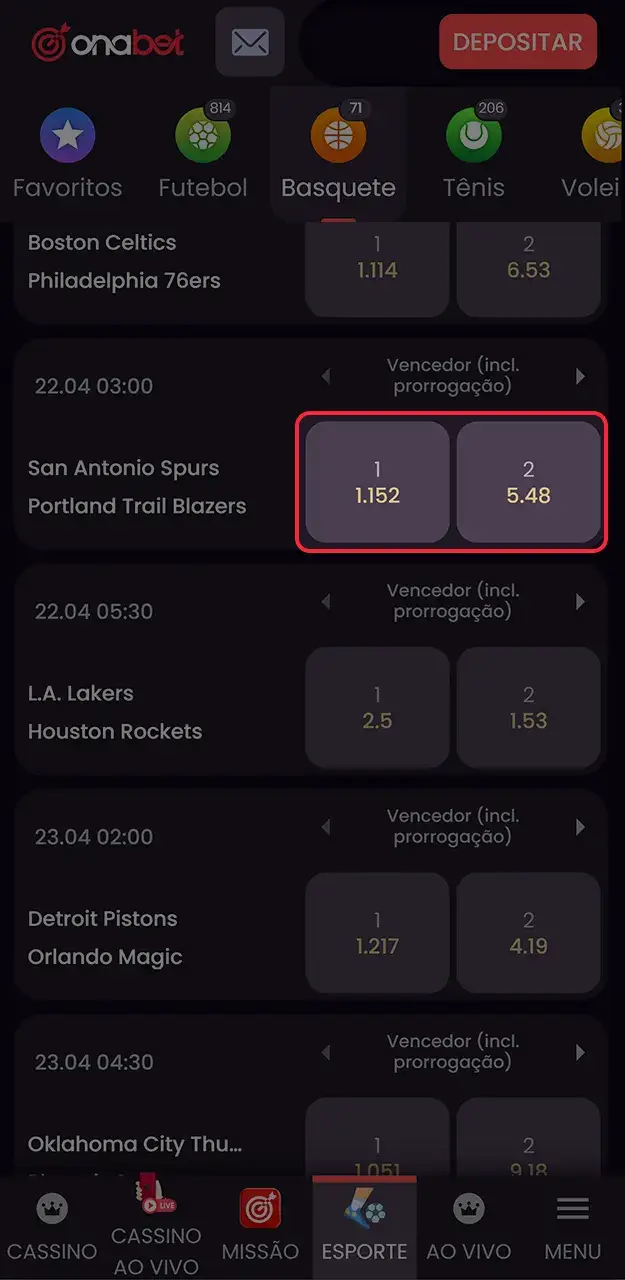 Selecione as melhores cotações de basquete e prepare seu bilhete de apostas na Onabet.