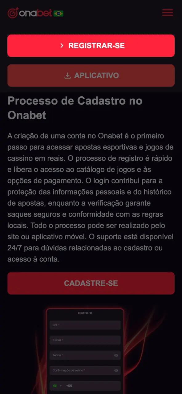 Comece o cadastro rápido na Onabet.