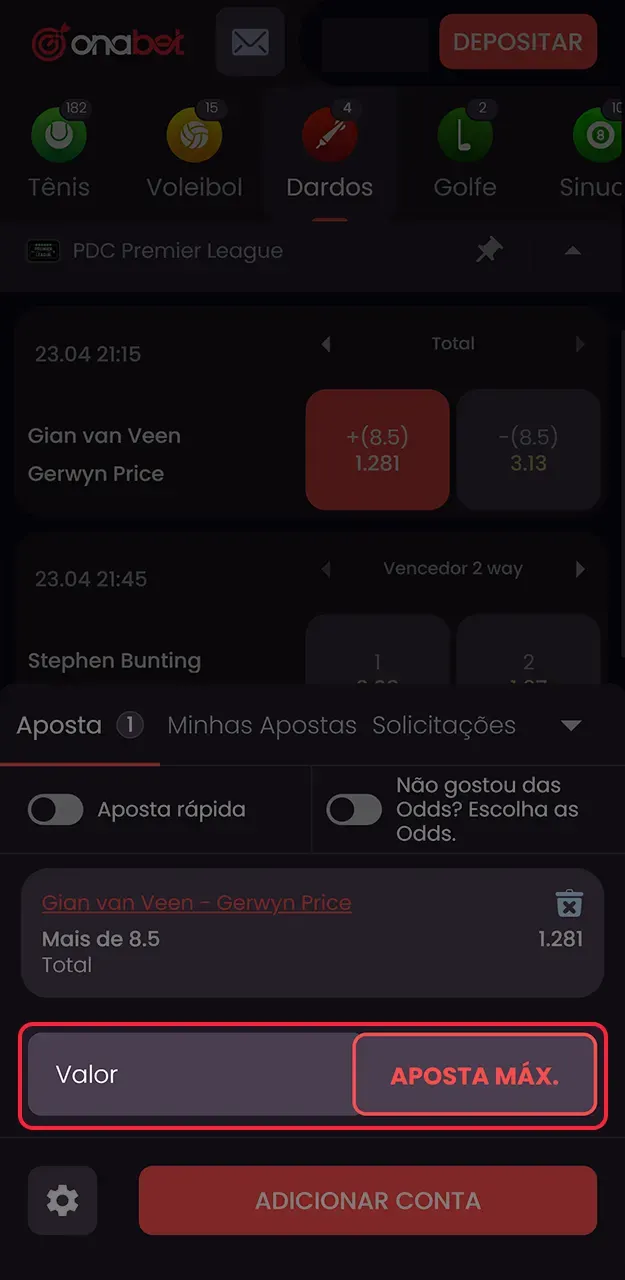Defina seu tipo de aposta e a quantia que pretende investir na Onabet.