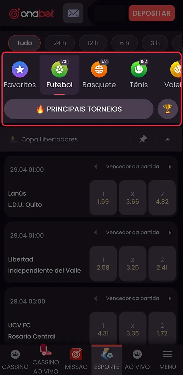 Navegue pelo menu e selecione a partida em que deseja palpitar na Onabet.