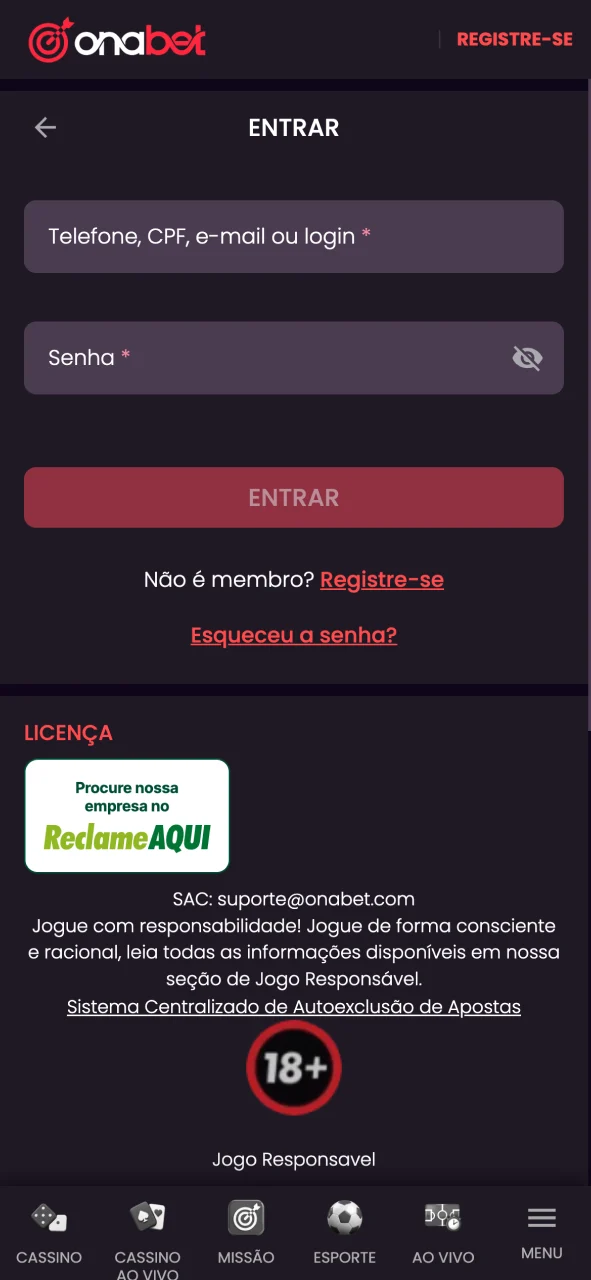 Acesse seu perfil para recarregar sua conta na Onabet.