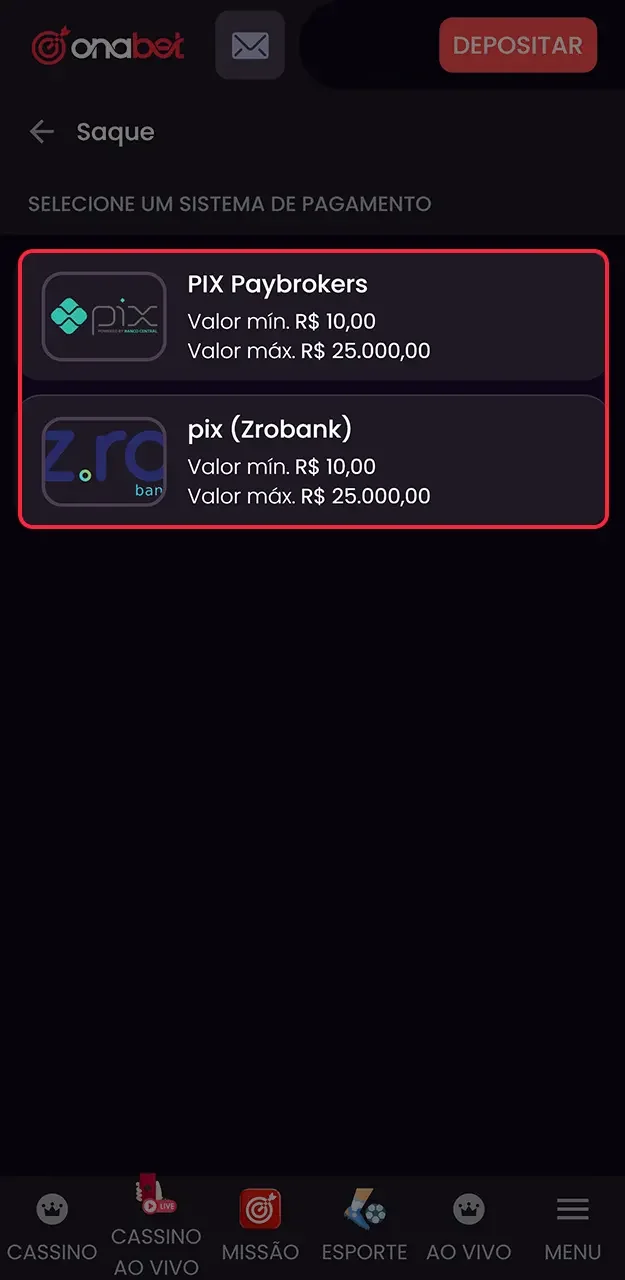 Defina o canal de recebimento para as suas premiações na Onabet.