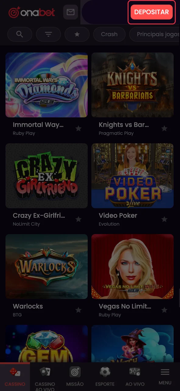 Localize o menu financeiro para carregar o seu saldo na Onabet.