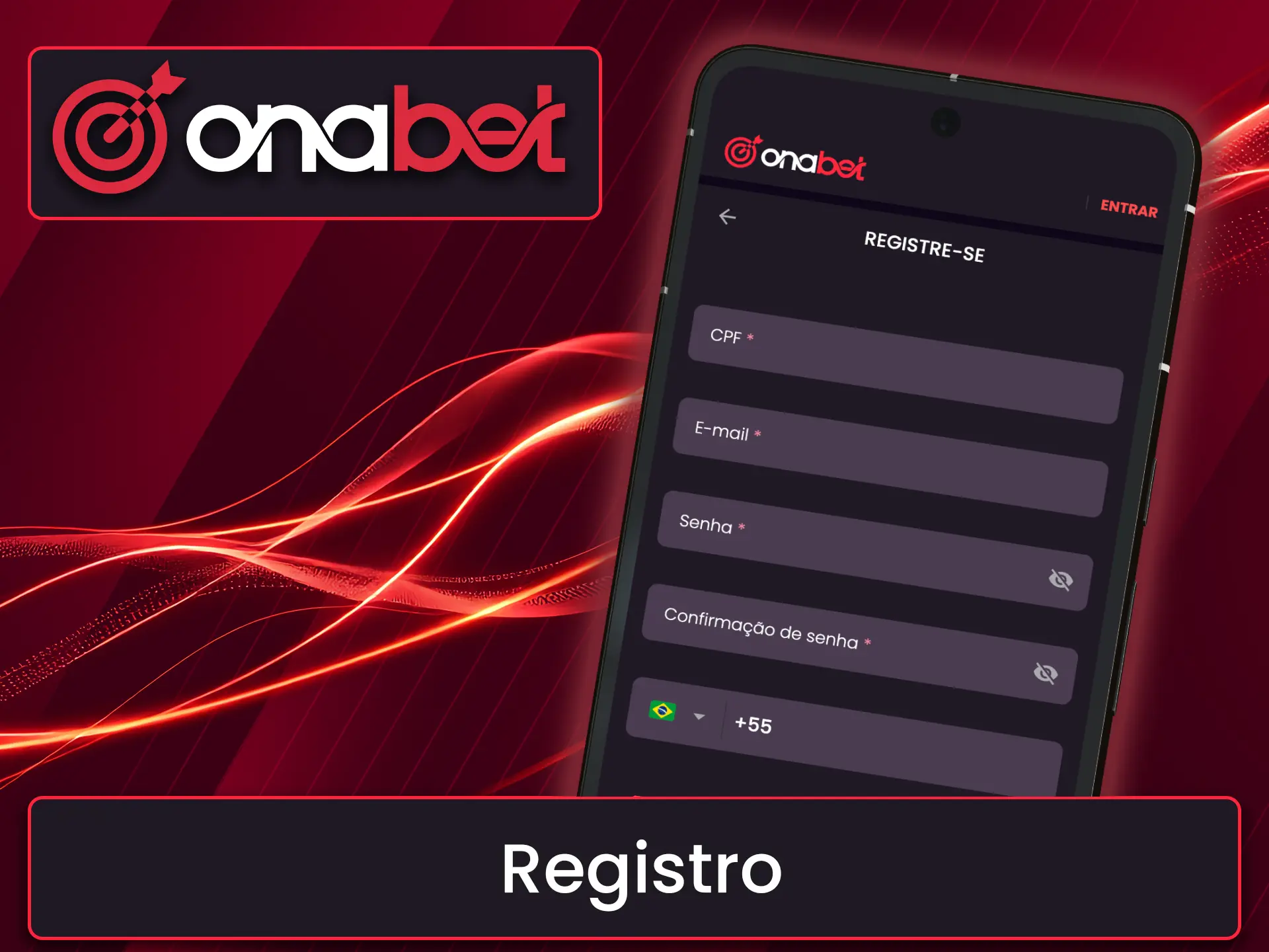 Etapas para criar uma conta no app Onabet, apresentando requisitos de idade e termos de uso.