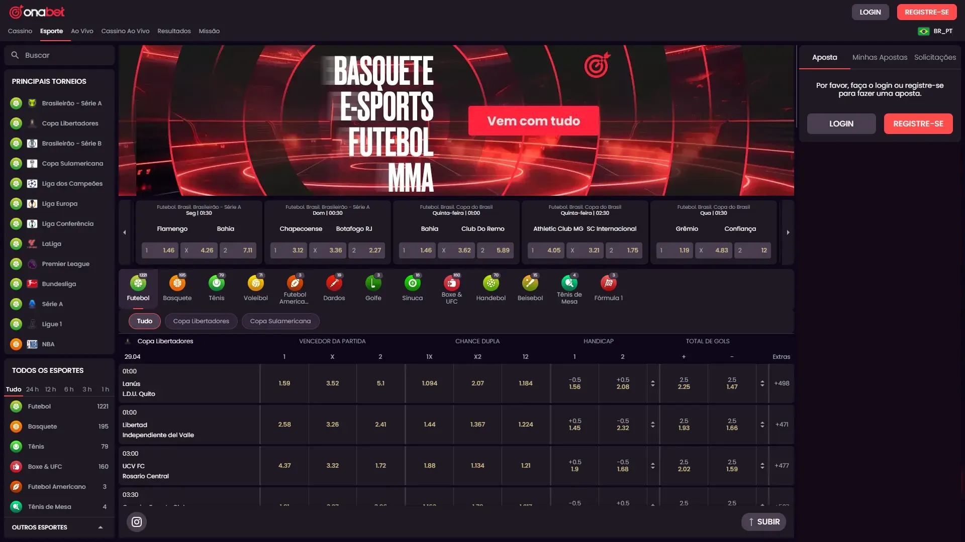 No Onabet, estão disponíveis esportes e torneios populares.