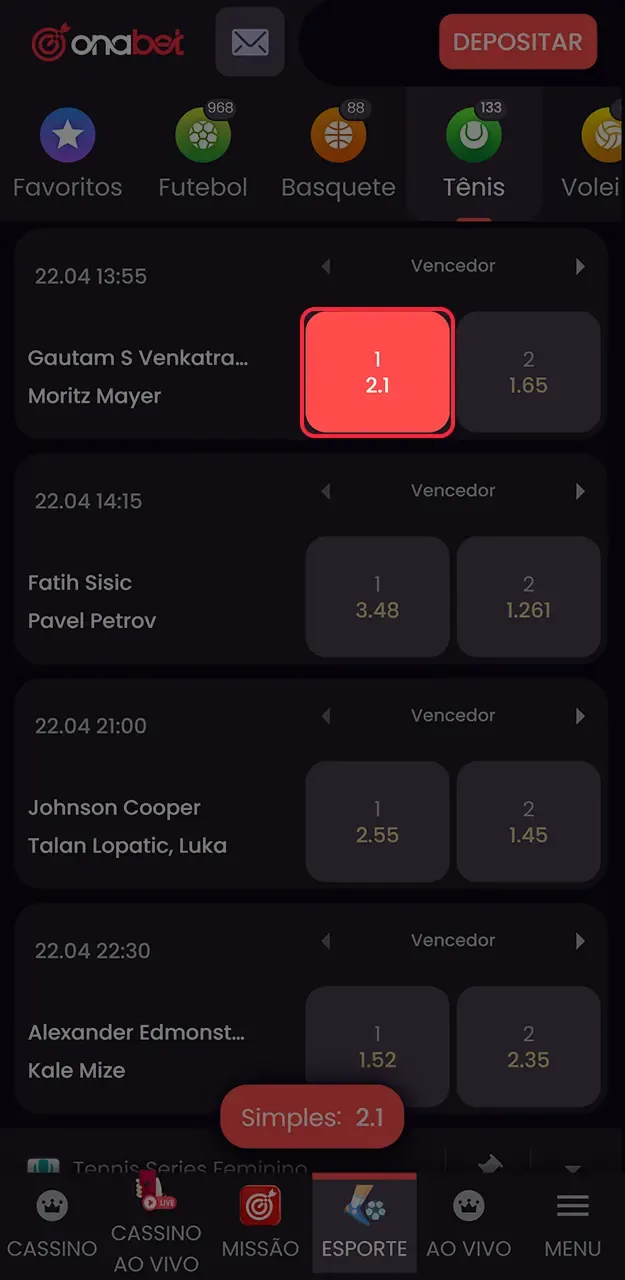 Selecione as cotações de tênis desejadas para montar seu bilhete de apostas na Onabet.