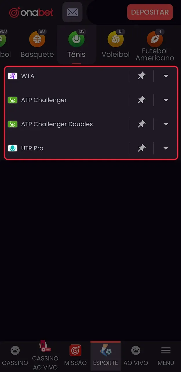 Filtre os eventos de tênis por competição na Onabet.