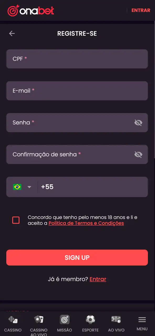Faça login ou crie uma nova conta para começar a apostar no tênis na Onabet.